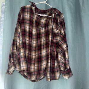 Topshop Plaid Button-Down Shirt in Red, Black & Cream